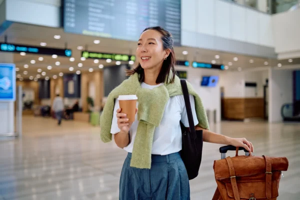 Young women wheeling her luggage through an airport, with a hot drink in hand.